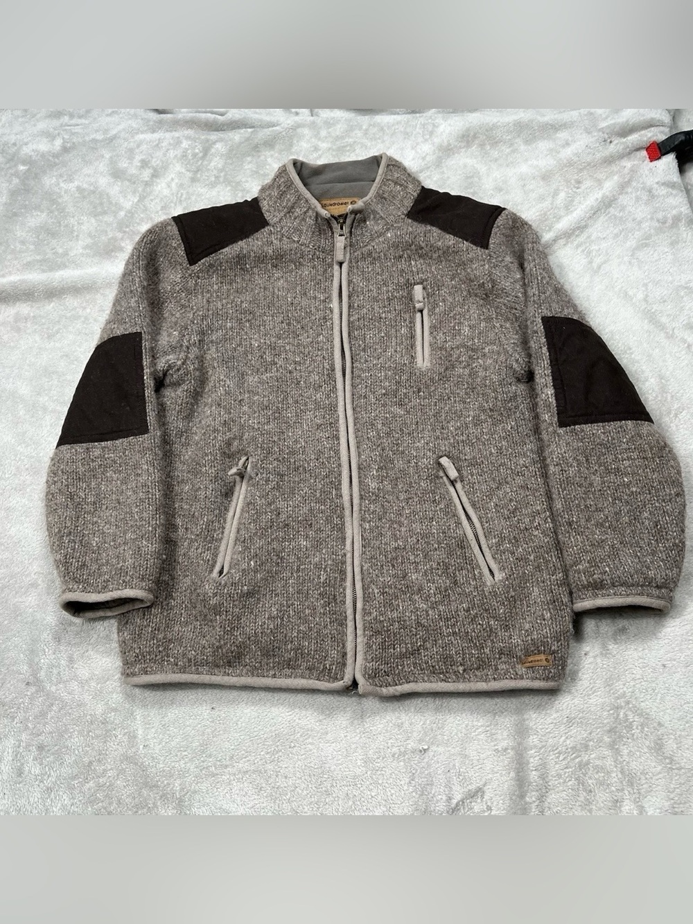 Laundromat 100% Wool Full Zip Jacket Mens M Gray Fleece Lined Elbow Patches